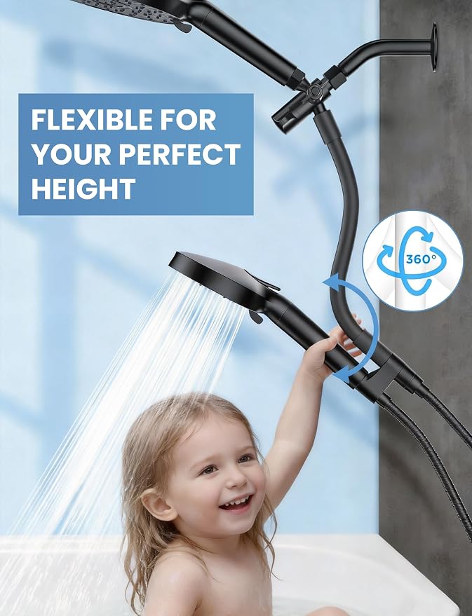 Filtered Shower Head Handheld Mother-Child Large Arm Combo, High Pressure 10-Spd Detachable Chrome Showerhead w/Stainless Hose, Water Softener Beads Hard Water - Remove Chlorine, Black