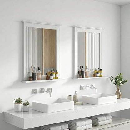 Tangkula Bathroom Mirror with Shelf, Rectangle Over Sink Wall Mirror, Hanging Vanity Mirror for Dressing Room Washroom Bedroom, Modern Concise Mirror (White)