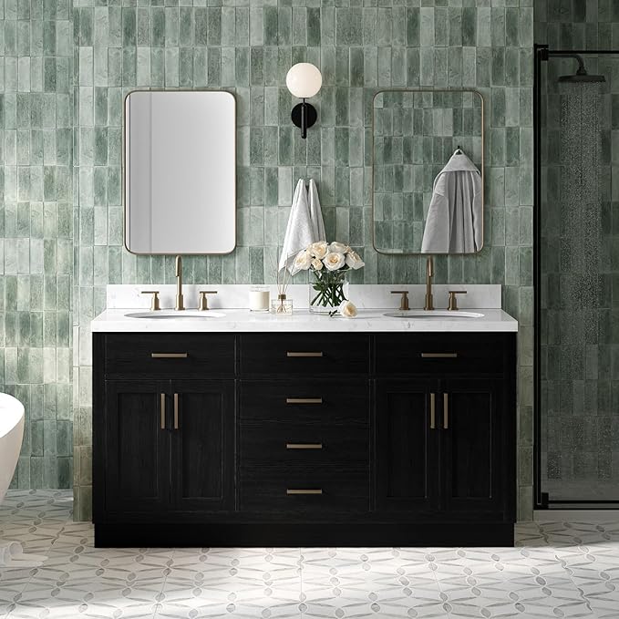 ARIEL Hepburn 66-inch Bathroom Vanity with Sink,Solid Wood, 1.5-inch Carrara White Quartz Countertop & Backsplash, Double Oval Porcelain Sink, 4 Soft Closing Doors, 6 Dovetail Drawers, Black Oak