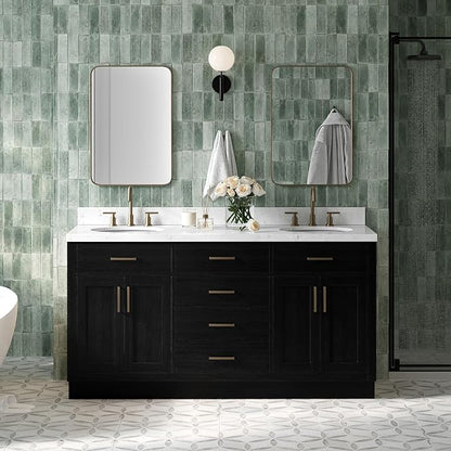 ARIEL Hepburn 66-inch Bathroom Vanity with Sink,Solid Wood, 1.5-inch Carrara White Quartz Countertop & Backsplash, Double Oval Porcelain Sink, 4 Soft Closing Doors, 6 Dovetail Drawers, Black Oak