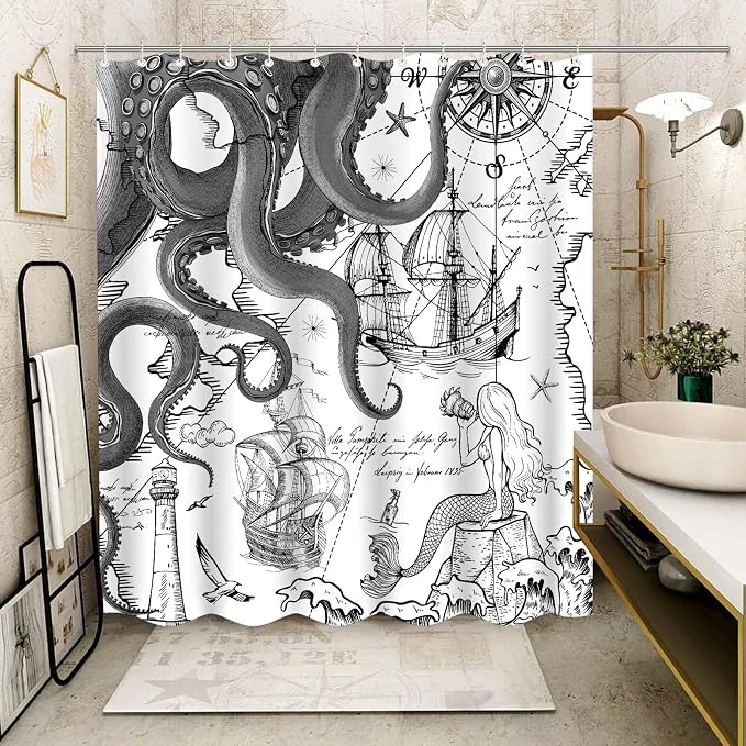 Fungarth Black Gray Nautical Octopus Shower Curtain Grey Mermaid Funny Ocean Kraken Shower Curtains for Bathroom Cool Anchor Coastal Map Waterproof Fabric Bath Curtain with Hooks (Gray, 72” x 72”)
