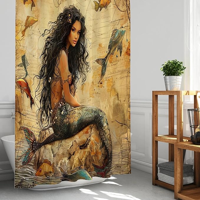 Vintage Mermaid Shower Curtains,Earth Tone Ocean Theme Fish Shower Curtains for Bathroom,Funny Waterproof Polyester Mermaid Bathroom Decor,72x72 Inch