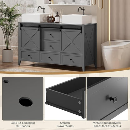 VNN Bathroom Vanity with Sink - 60 Inch Bathroom Vanity Double Sink Ceramic, Freestanding Cabinet with 2 Farmhouse Sliding Barn Doors and 5 Drawers, Space-Saving Storage Cabinet, Grey
