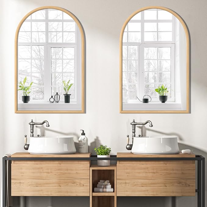 24"x36" Arch Wall Mirror for Wall, Wall Mounted Vanity Mirror for Bedroom, Wood Grain Finish Frame Mirror with Tempered Glass, Vintage Decorative for Bathroom, Entryway, Living Room, Natural