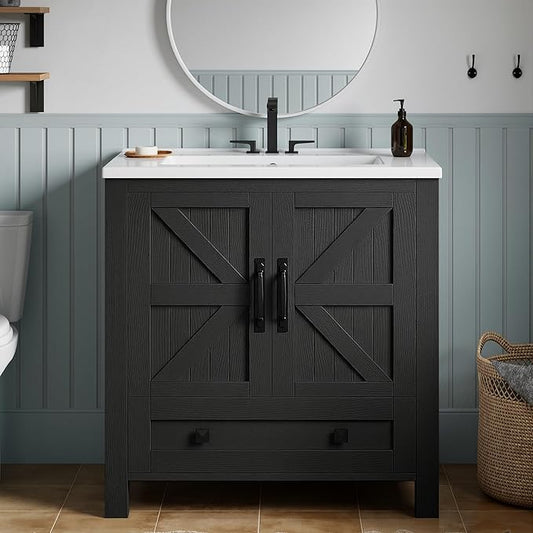 YITAHOME 30 Inch Farmhouse Bathroom Vanity with Sink, Small Space Bathroom Storage Cabinet with Large Drawer, 2 Wood Barn Doors with Built-in Door Racks