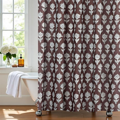 MUGINYU Brown Floral Shower Curtain Vintage Block Print - 72x72 Inches,Cotton Blend Cloth Fabric,Neutral Farmhouse Decorative French Country Bathroom Decor, Cottagecore Aesthetic Pattern