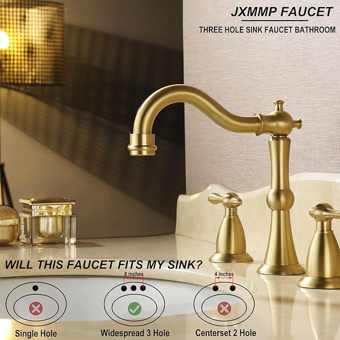 Antique Brushed Gold Bathroom Faucet 3 Hole, Widespread Bathroom Sink Faucet with Pop Up Drain and cUPC Supply Hose, Modern 2 Handle Vanity Faucet Gold JXM3073BG