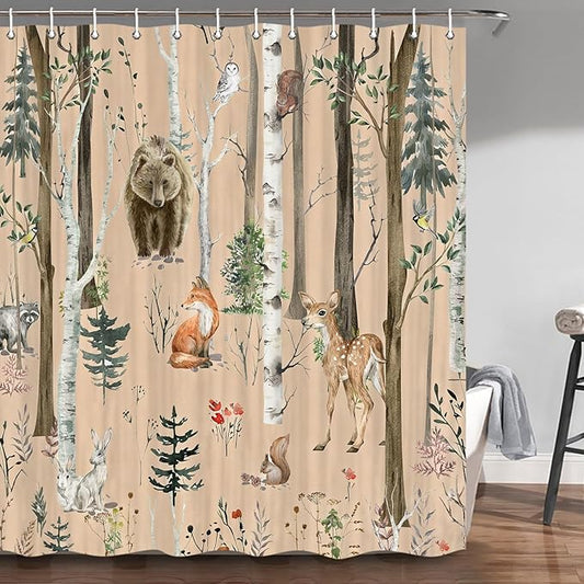 JAWO Rustic Forest Shower Curtains, Lodge Cabin Woodsy RV Shower Curtain, Wildlife Animals Woodland Campers Camping Bathroom Set with Hooks, 72X78 Inch, Brown