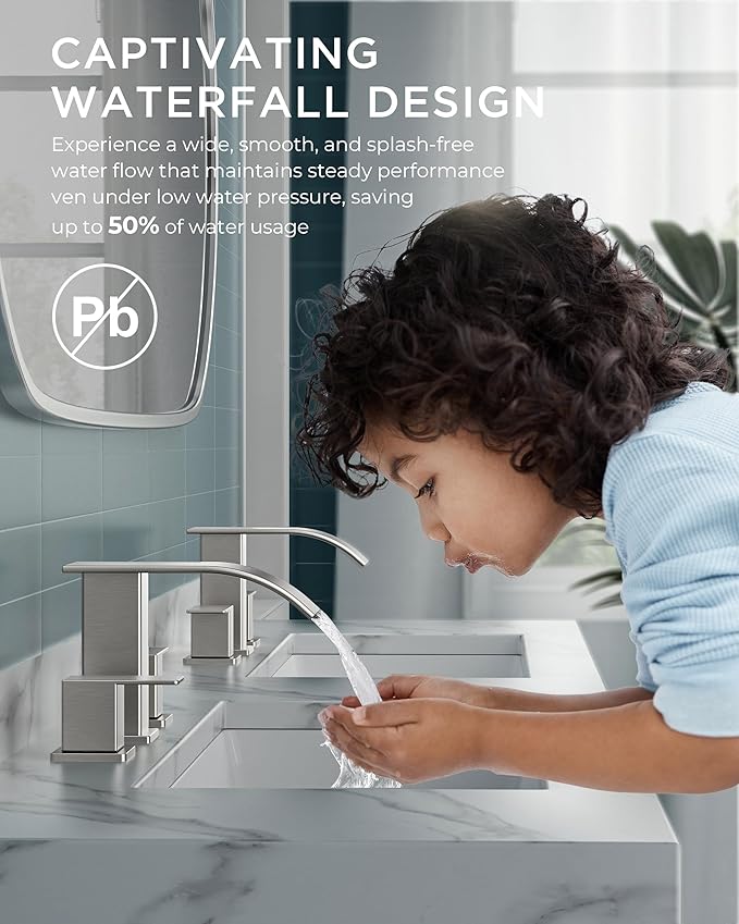 FORIOUS Waterfall Bathroom Faucets 3 Hole, 8 Inch Widespread Brushed Nickel Square Bathroom Sink Faucet with Metal Pop-up Drain and cUPC Hose, Two Handles for Vanity, RV, Farmhouse