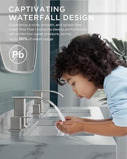 FORIOUS Waterfall Bathroom Faucets 3 Hole, 8 Inch Widespread Brushed Nickel Square Bathroom Sink Faucet with Metal Pop-up Drain and cUPC Hose, Two Handles for Vanity, RV, Farmhouse