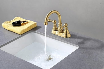 Two Handle Bathroom Sink Faucet 3 Hole with Overflow Pop up Drain, 360° Swivel Spout 4 Inch Centerset Lavatory Faucet Without Water Supply Lines,Brushed Gold,F-4501-CS