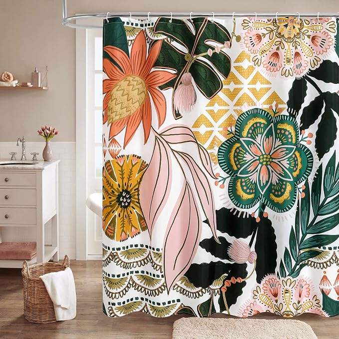 Boho Floral Shower Curtain, Pink Botanical Fabric Curtain, 72 x 72 | Boho floral, vintage botanical, dark floral, rustic farmhouse, colorful flowers, fabric shower curtain
