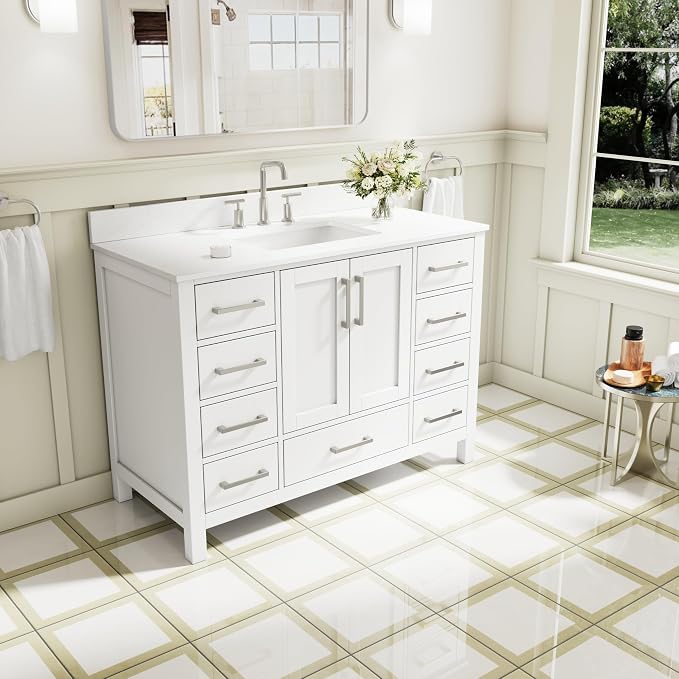 48-Inch Bathroom Vanity with Sink, 2 Soft-Close Doors and 9 Soft-Close Drawers, Bathroom Freestanding Vanity with Cultured Marble Countertop, White Vanity with Brushed Nickel Handles