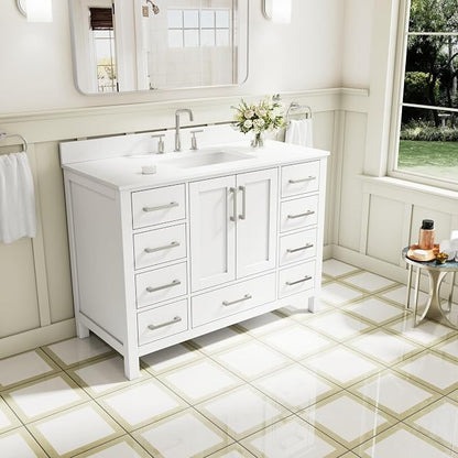 48-Inch Bathroom Vanity with Sink, 2 Soft-Close Doors and 9 Soft-Close Drawers, Bathroom Freestanding Vanity with Cultured Marble Countertop, White Vanity with Brushed Nickel Handles