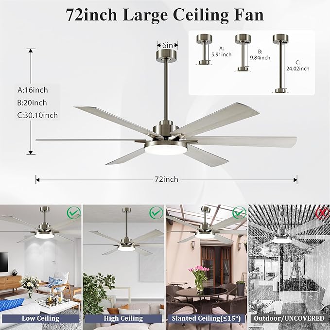 72 Inch Ceiling Fans with Lights and Remote Control,Indoor/Outdoor Flush Mount Low Profile Commercial Reversible Dimmable Ceiling Fans for Living Room Patio Industrial Shop,White Silver