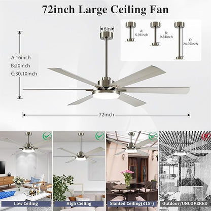 72 Inch Ceiling Fans with Lights and Remote Control,Indoor/Outdoor Flush Mount Low Profile Commercial Reversible Dimmable Ceiling Fans for Living Room Patio Industrial Shop,White Silver