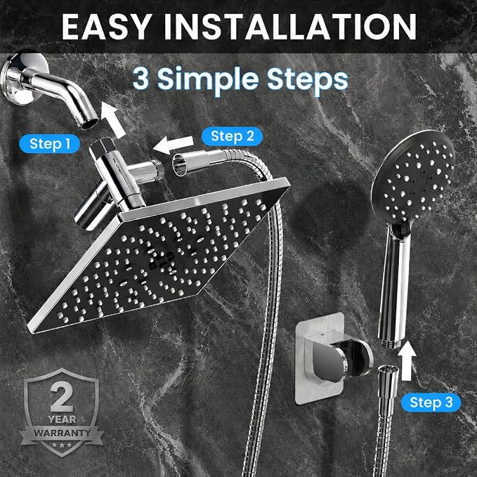 Veken Multi-Function Rain Shower Head with Handheld, High Pressure, Square | Rainfall Showerhead, Dual Shower Heads Combo, 5-mode Detachable Hand Held Spray with Hose, regaderas para shower, Chrome