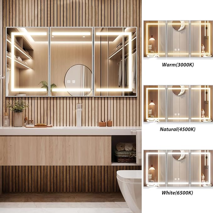 APRILSOUL 60x32 Inch Lighted Bathroom Medicine Cabinet with Mirror, Silver Recessed or Surface Mount Medicine Cabinet Mirror with Storage and LED Lights, 3 Colors Temperature, Dimmable Light