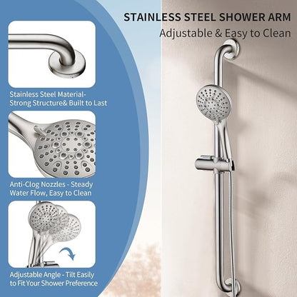BRIGHT SHOWERS Slide Bar Shower Set with Handheld Shower Head, ADA-Compliant Stainless Steel Grab Bar, Adjustable Height and 69-Inch Hose, Brushed Nickel