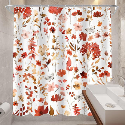 Red Burgundy Fall Autumn Floral Flower Bathroom Shower Curtain Set | 72"W x 72"H Plants Leaves; waterproof HD print, quick-dry fabric and plastic hooks for easy setup.