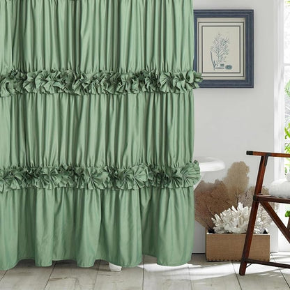 Homechoice Decor Light Green Ruffle Shower Curtain 72" W x 72" H | Vintage Handcrafted Bow Tie Bath Curtain for Master Bathroom, Ruched Microfiber Bathroom Curtain with 12 Buttonholes (LQ-10)