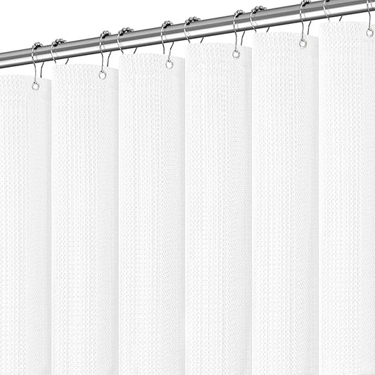 White Shower Curtain for Bathroom 90 Inches Long, Waffle Textured Heavy Duty Extra Long Waterproof 256GSM Weighted Beige Shower Curtains with 12 Metal Hooks, 72Wx90H