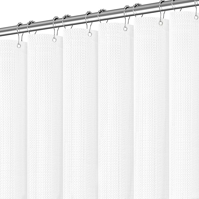 Long White Shower Curtain Waterproof Large Heavy Duty Fabric for Bathroom, Machine Washable Tall 256GSM Modern Shower Curtains for Spa Hotel with 12 Metal Hooks, 72Wx80H