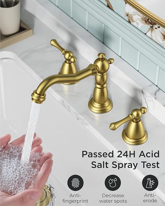 FORIOUS Brushed Gold Bathroom Sink Faucets 3 Hole, 2 Handle Widespread Gold Faucet for Bathroom Sink with Pop-Up Drain and Water Supplies for Commercial Vanity Lavatory Restroom Farmhouse