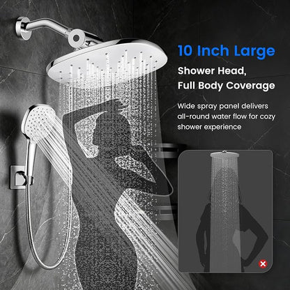 10" Rain Shower Head with Handheld Spray, Dual High Pressure Showerhead | Rainfall Shower Heads Combo with Multi Spray, Detachable Hand Showerhead Set with 71 Inch Shower Hose & Extra Holder