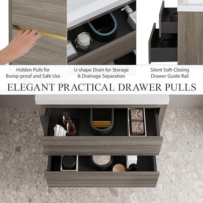 Modern 30" Wall-Mounted Bathroom Vanity with Sink | Floating Storage Cabinet, Stone Resin Countertop, Soft Close Drawers | Ash Grey