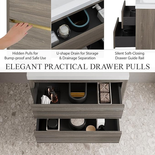 Modern 30" Wall-Mounted Bathroom Vanity with Sink | Floating Storage Cabinet, Stone Resin Countertop, Soft Close Drawers | Ash Grey