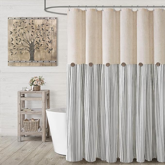 Farmhouse Shower Curtain Linen Button Black Stripe 72" W x 72" L | Farmhouse Style, Chic Button, Striped, Linen Fabric, Rustic, Country, Natural Look, Washable, for Bathroom Bathtub