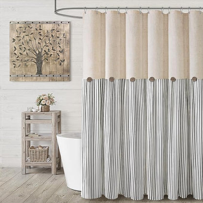 Farmhouse Shower Curtain Linen Button Black Stripe 72" W x 72" L | Farmhouse Style, Chic Button, Striped, Linen Fabric, Rustic, Country, Natural Look, Washable, for Bathroom Bathtub