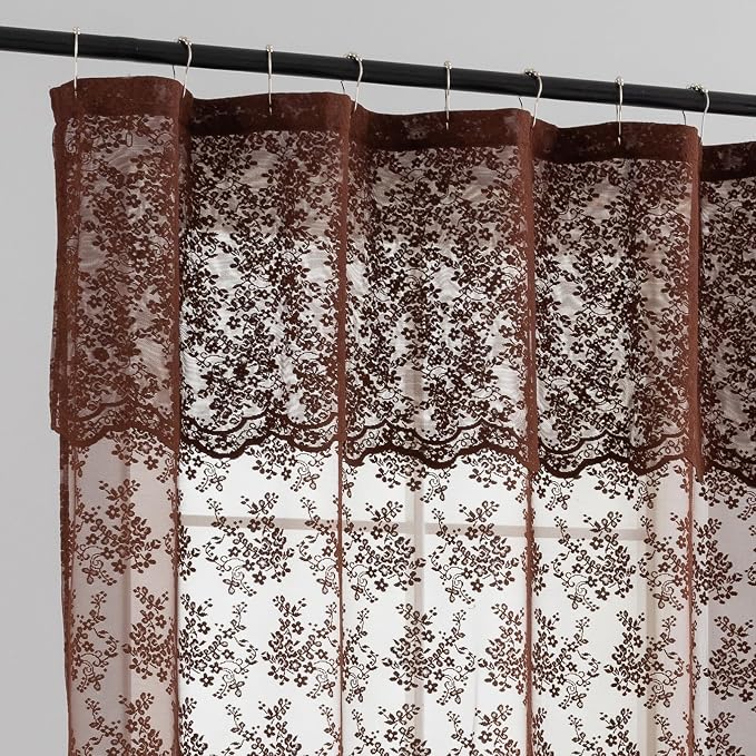 Chocolate Brown Shower Curtain, 72x84, Vintage Lace with Attached Valance | Brown Lace Shower Curtain with Scalloped Floral Trim, Vintage, Rustic Farmhouse Tall Bathrooms with High Rods