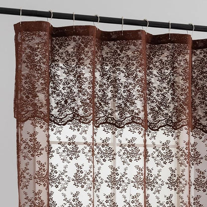 Chocolate Brown Shower Curtain, 72x84, Vintage Lace with Attached Valance | Brown Lace Shower Curtain with Scalloped Floral Trim, Vintage, Rustic Farmhouse Tall Bathrooms with High Rods