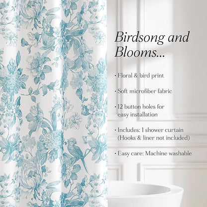 Lush Decor Bird and Hydrangea Toile Shower Curtain Single 72" W x 72" L Teal - Floral Shower Curtains for Bathroom - Bathroom Curtain - Vintage Decor