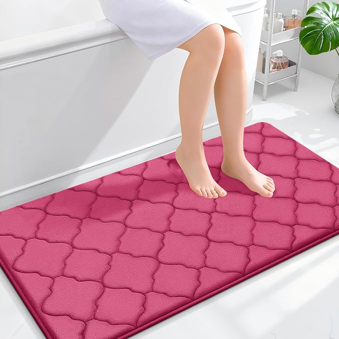 OLANLY Memory Foam Bath Mat Rug 44x24, Ultra Soft and Absorbent Bathroom Rugs, Non-Slip, Comfortable, Machine Washable Bath Carpet for Bathroom Floor, Tub, Shower and Home Decor Accessories, Deep Pink