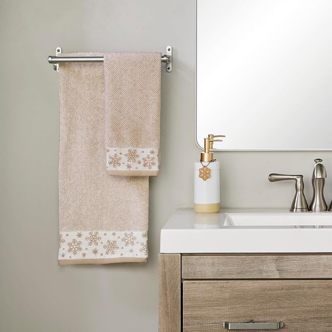 SKL Home Christmas/Winter Heather Snowflake Hand Towel Set-2pc, Tan | 100% Cotton. 500 GSM. Plush & absorbent jacquard. Great for the bathroom, kitchen or bar & gifting.