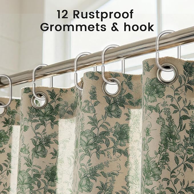 Farmhouse Sage Green Floral Shower Curtain with 12 Clear Rings 72"W x 84"L | Fabric Faux Linen Shower Curtain Set, Vintage Cottagecore Shower Curtain for Bathroom