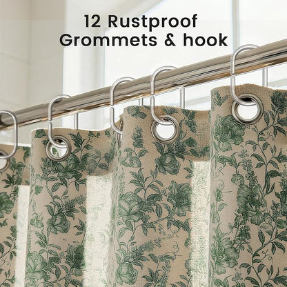 Farmhouse Sage Green Floral Shower Curtain with 12 Clear Rings 72"W x 84"L | Fabric Faux Linen Shower Curtain Set, Vintage Cottagecore Shower Curtain for Bathroom