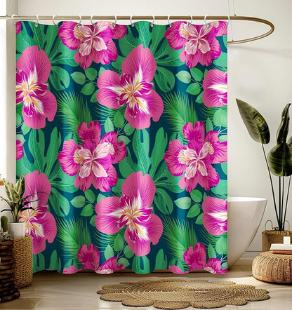 Shower Curtain for Bathroom Stall Boho Modern Cute Aesthetic Decorative Girly Waterproof Unique Pink Flowers Girls Chic Plants Design Teen Pretty Women Cortinas de Baño Bathtub 72 x72 Inch