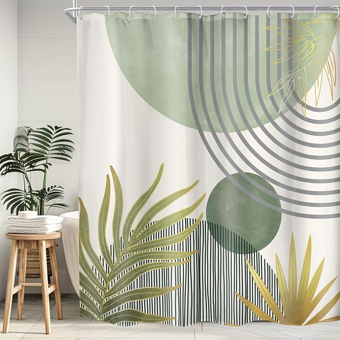 Mid Century Mint Green Boho Abstract Modern Bathroom Shower Curtain Set | 72Wx78H Plant Botanical design, waterproof HD print with fast-drying fabric and 12 hooks.