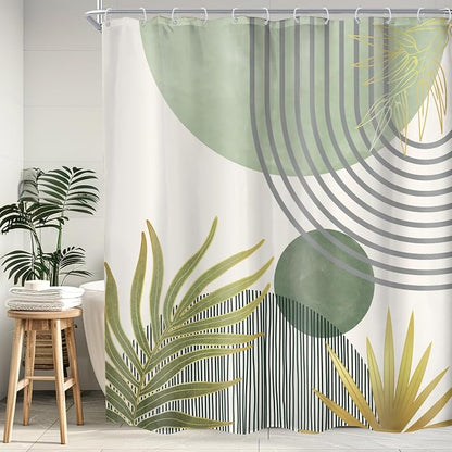 Mid Century Mint Green Boho Abstract Modern Bathroom Shower Curtain Set | 72Wx78H Plant Botanical design, waterproof HD print with fast-drying fabric and 12 hooks.