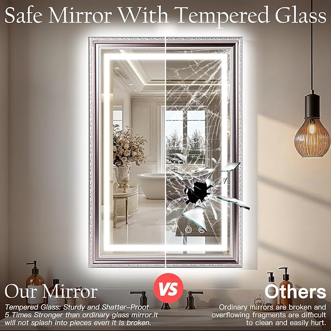 ROLOVE 23x35 Inch Bathroom Mirror with Lights, Brushed Rose Gold Frame, Anti-Fog LED Vanity Mirror for Wall, Plug-in/Hardwired, Dimmable, Tempered Glass,Wall Mirrors Decorative (Champagne Pink Hue)