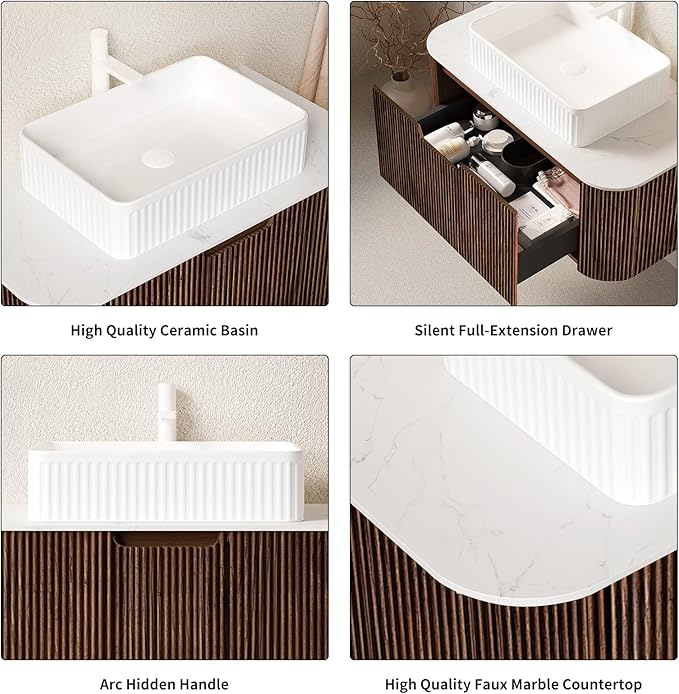 Yayzy 60" Floating Bathroom Vanity with Sink, Solid Wood Fluted Cabinet, White Fluted Square Ceramic Basin & Faux Marble Top, Soft-Close Drawer, Pre-Assembled, Walnut Woodgrain