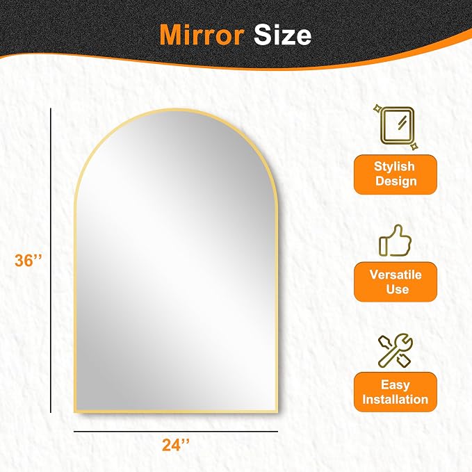 Arched Bathroom Mirror, 24"x36", Gold | Wall Mounted, Vanity Mirror, For Bedroom, Living Room and Entryway
