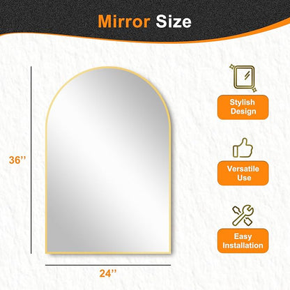 Arched Bathroom Mirror, 24"x36", Gold | Wall Mounted, Vanity Mirror, For Bedroom, Living Room and Entryway