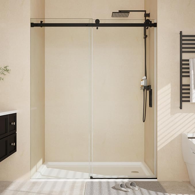 44-48" W x 76" H Frameless Sliding Shower Door，5/16" Thick Tempered Clear Glass with Explosion-Proof Film,Easy-to-Clean Coating,Handle and Seal Strip, Matte Black