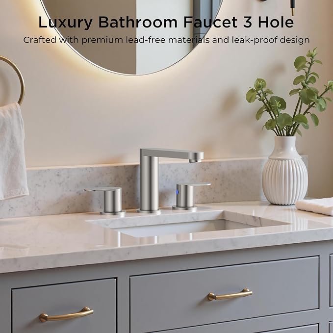QFN Bathroom Faucet 3 Hole 8" Widespread Vanity Sink Faucet Brushed Nickel | 304 Stainless Steel Bathroom Sink Faucet with Pop-up Drain, 6-12 Inch 3 Hole Install, for RV Laundry Farmhouse Restroom Sink