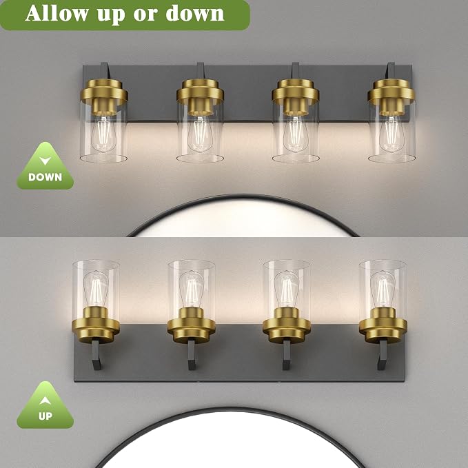 Bathroom Lighting Fixtures, 4-Light Bathroom Vanity Lights Over Mirror, Black and Gold Vanity Light with Glass Shade, Modern Vanity Lighting Fixtures for Bathroom, Bedroom, Hallway